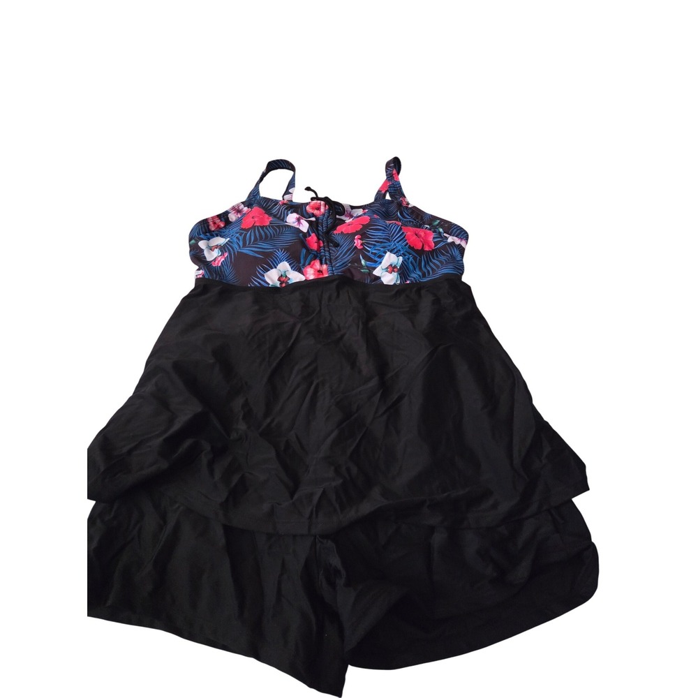 Tropical Floral Print Swim Dress Set Black Blue Hibiscus Two Piece Plus Size 22W
